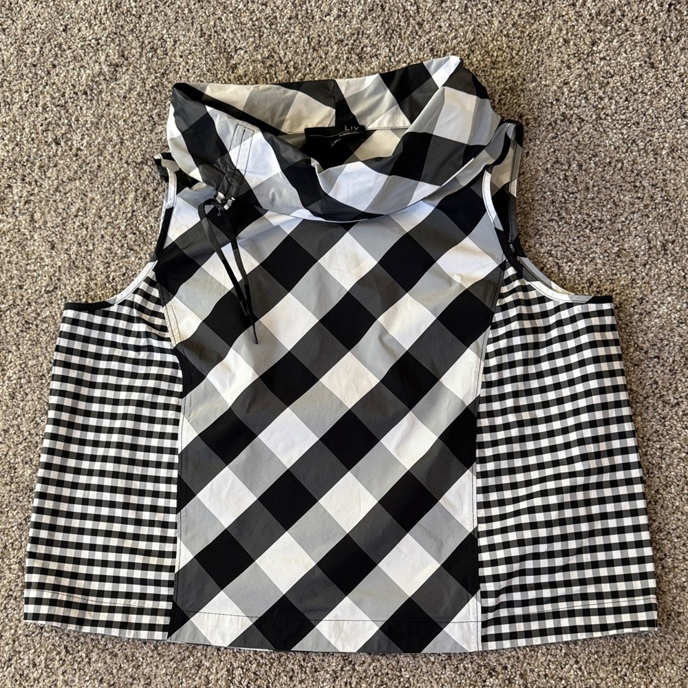 Two Pattern Black and White Plaid Checkered Cowl Neck Top